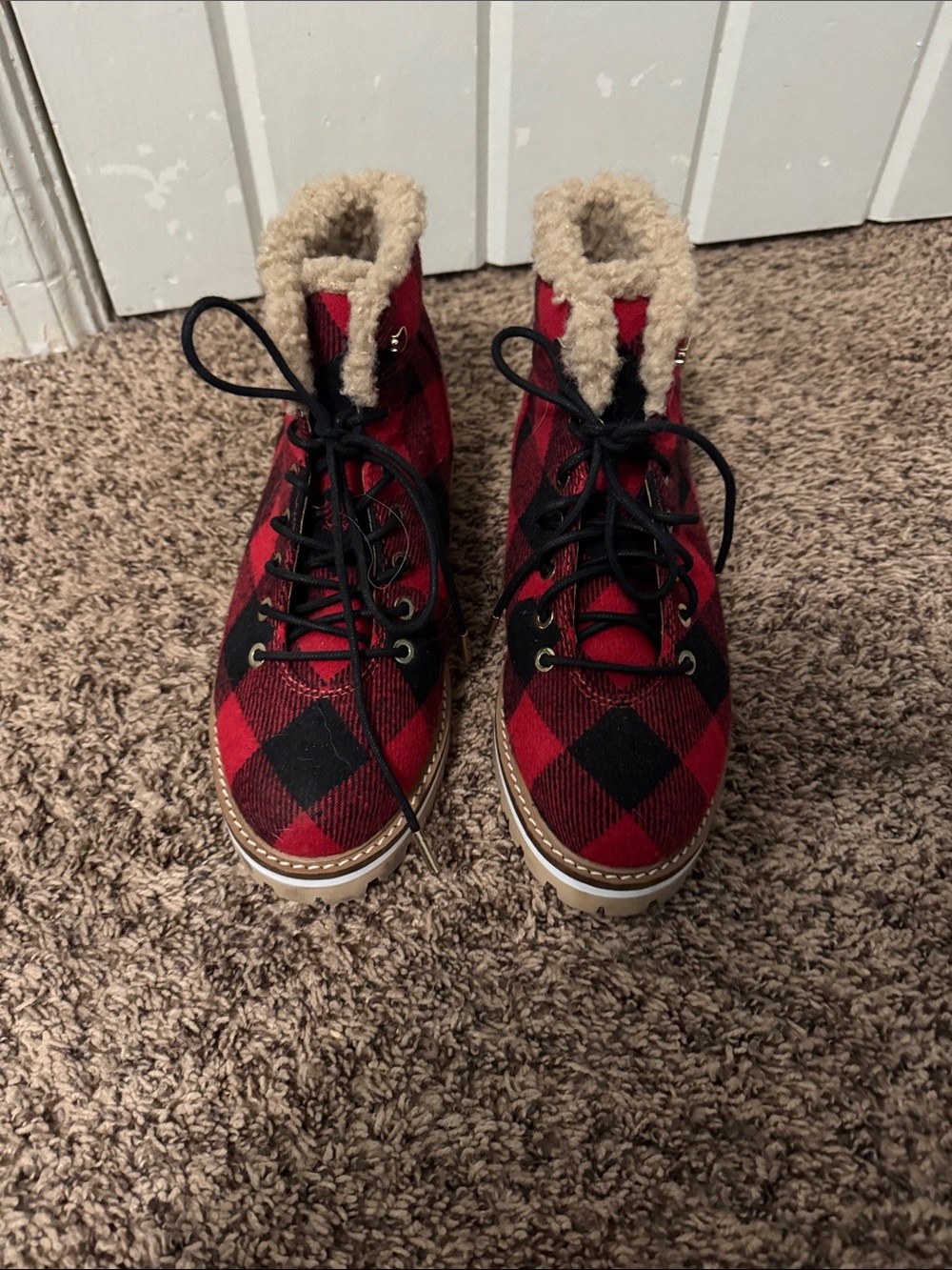 Talbots Womens Red Plaid Sherpa-Lined Winter Boots